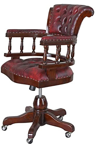Englischer Bürostuhl „Manor House“ – Retro Drehstuhl aus Mahagoni (höhenverstellbar 56–68 cm) mit rotem Kunstleder & Schnitzereien mar239 Palazzo Exklusiv
