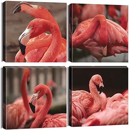 Sungeek 4 Teilig Leinwandbilder mit Holzrahme, Leinwanddruck Bilder 30 x 30 cm, Moderne Wandbilder Kunstdruck Wand Dekoration für Wohnzimmer Schlafzimmer Home Büro Esszimmer (Flamingo)