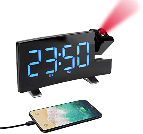 Goshyda Réveil à Projection Numérique, Réveil LED, Projection Rotative à 180° sur Le Mur du Plafond, Radio FM, Chargeur USB, Horloge de Chevet pour Chambre à Coucher, Dormeur Lourd,(Police Bleue)