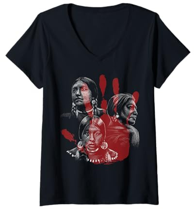 Damen Indianer Indigene rote Hand indisches Blut T-Shirt mit V-Ausschnitt