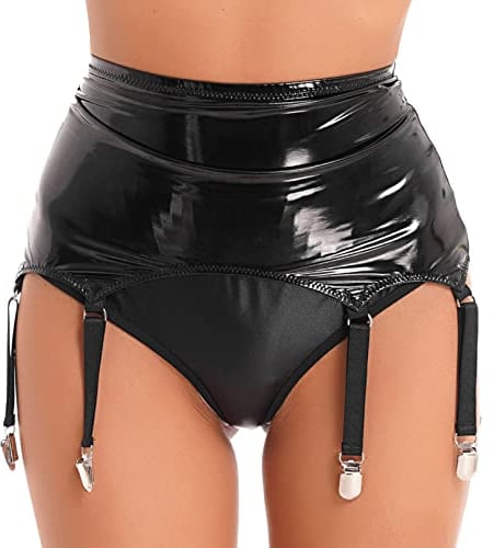 TiaoBug Damen Wetlook Strumpfgürtel Lack Leder Strapsgürtel mit Strumpfhalter Befestigung Clips Clubwear Schwarz 4XL