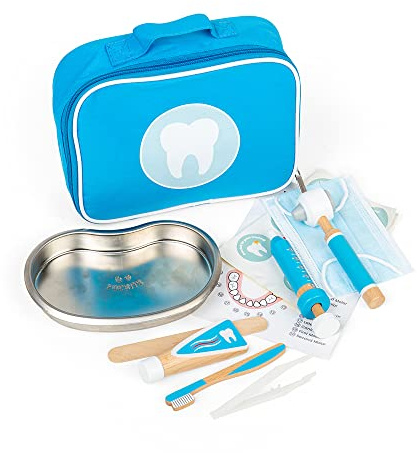 Bigjigs Toys Dentist Set, 12 Piece Wooden Dentist Kit with Carry Bag