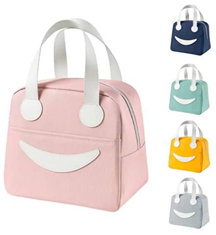 ZUNOVI Bolsa Térmica porta alimentos con diseño Smiley Face - Lonchera portátil de comida con aislamiento de aluminio para adultos y niños (Rosa)