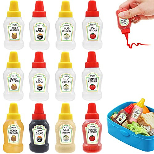 Xuyyicao 12 mini botellas de ketchup, botellas de condimentos de 25 ml, recipiente de salsa de plástico para niños, oficina, caja bento, picnic, miel, aderezo de ensalada