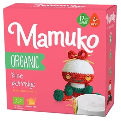 MAMUKO Organic Porridge - Rice Porridge with No Added Sugar, Milk & Preservatives - High Fiber Porridge Developed with EU Experts - Healthy Porridge Ideal for Little Ones from 4+ Months - 12 Servings