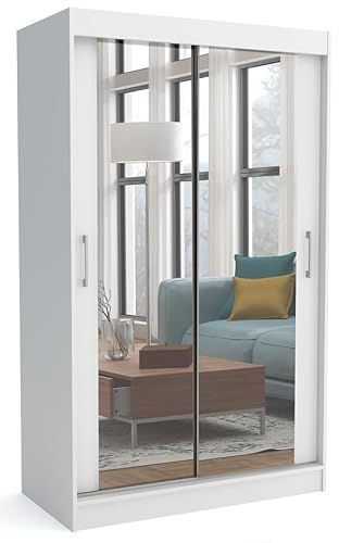 Brent - Kleiderschrank mit Schiebetüren Windsor David I 100x200x60 cm I mit Spiegel, Stangen und Einlegeböden für Kleidung I Laminierte Spanplatte I Aluminiumschienen I Weiß