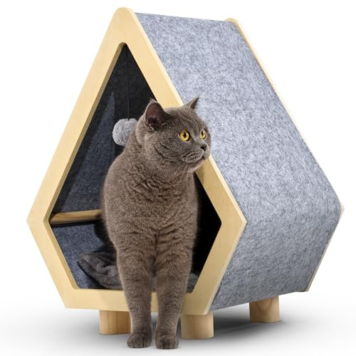 Catopardo Katzenhöhle - Stilvoller Rückzugsort mit Filzdach, Kissen und Spielzeug, 46.5x38x58.5 cm, waschbares Kissen, Hellgrau - Sicherheit, Komfort und Antikratz-Design