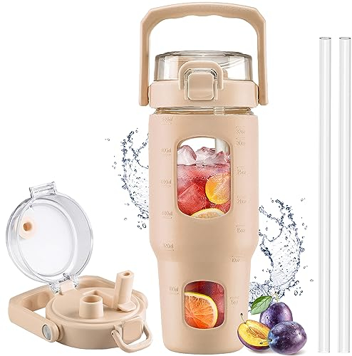 HYDRAGLAZIC 960ml Bouteille d'eau en Verre avec Paille et couvercle Gourde de Motivation avec Marqueur de Temps et Poignée Sans BPA Anti-fuite pour Auto Gym Extérieur, Ambre