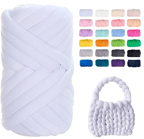 Uiopa Filato Gigante Bianco, 500g Filo Cotone Grosso Tubolare a Mano, Gomitolo di Filato Chunky Yarn per Borse, Coperte, Cestini, Nidi di Animali Domestici, Artigianato Fai-da-Te