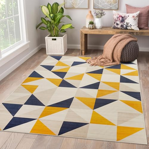 AMEHA Rugs Living Room Large 200x290 cm - Yellow Rugs for Bedroom (Brio) | Easy Clean Non Slip Modern Carpet Non Shedding Geometric Style Triangle Pattern Durable Soft Low Pile Large Rug for Kids Room