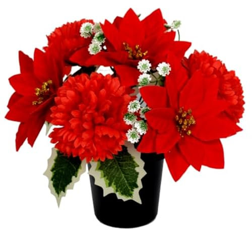 Christmas Artificial Grave Flowers - Red Poinsettia, Carnation & Variagated Holly - Grave Pot, Cemetery Vase, Crem Insert, Memorial Pot, Flower Memorial Arrangement, Vases