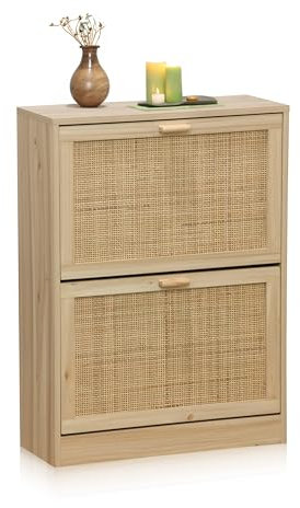 duehome | Made, Zapatero 2 Puertas, Zapatero Estrecho, Acabado en Pino y Rattan, Medidas: 60 cm (Largo) x 82 cm (Alto) x 24 cm (Fondo)