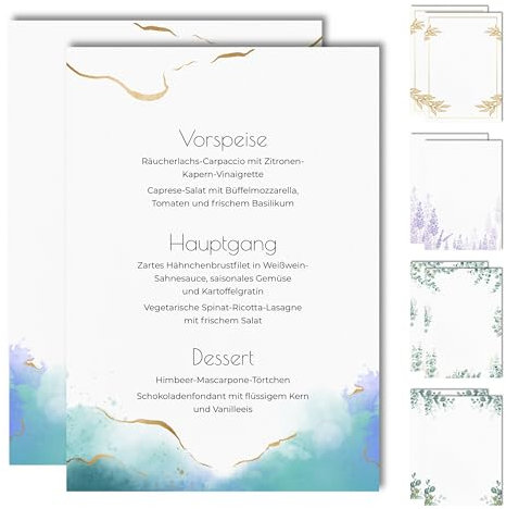 15 Blanko Menükarten für Speisekarten und Getränkekarten für die Hochzeit, Geburtstag, Konfirmation (Blau Gold)
