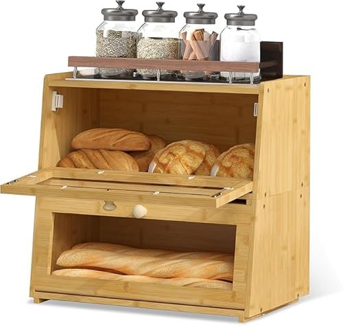 bimiti Double Layer Bread Bin, 2-Layer Removable Bamboo Bread Box with Acrylic Window, Kitchen Storage Box for Baked Goods Bread Holder Storage Bins Organizer for Kitchen Countertop
