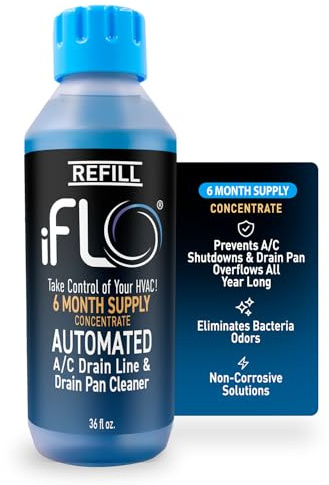 iFLO® Smart A/C Drain Line Cleaner and Drain Pan Cleaner Cartridge Concentrate, Fast-Acting, Long-Lasting HVAC System Solution for Tough Clogs & Buildup, 6-Month Supply per Bottle, 1 Pack of 36oz