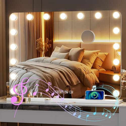 Hasipu Vanity Mirror with Lights and Bluetooth Speaker, 31.5 x 23.6 Hollywood Mirror, Makeup Mirror with 17 Dimmable Bulbs and 10X Magnification, 3 Colors Modes, USB Charging Port, Type-C (White)
