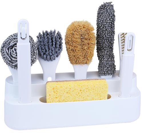 Juego de cepillos de Limpieza de Cocina 6 en 1, 5 Cabezales de cepillos Intercambiables, 1 Esponja de Limpieza y 2 Mangos Desmontables con Rejilla de Almacenamiento y Base de Filtro de Agua