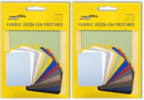 ZEFFFKA 2PACK Fabric Iron-on Patches Inside & Outside Strongest Glue 100% Cotton Blue Gray Beige Brown Yellow Red Green Repair Decorating Kit 14 Pieces Size 3 by 4-1/4 (7.5 cm x 10.5 cm)