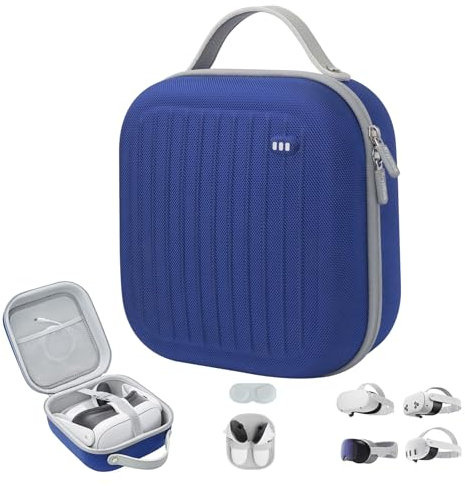 Krypthos Custodia rigida da trasporto compatibile con Meta Quest 3S/Quest 3/Vision Pro, cuffie da gioco VR portatili e controller touch, per viaggi e archiviazione a casa, Blu, Custodia Vr per Meta
