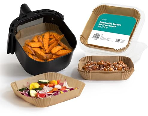 Livivo Disposable Square Air Fryer Liners - Disposable, Greaseproof, Heat Resistant to 220°C, Food Grade LFGB Standard, Compatible with Ninja, Tower, COSORI - Pack of 100