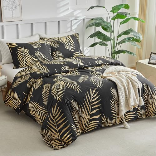 Tokokimo Bettwäsche für 135/150 cm breite Betten, Motiv mit Zweigen und Blättern, Mikrofaser, 3-teilig, bestehend aus 1 Bettdeckenbezug 240 x 220 cm und 2 Kissenbezügen 50 x 75 cm, Gold/Schwarz