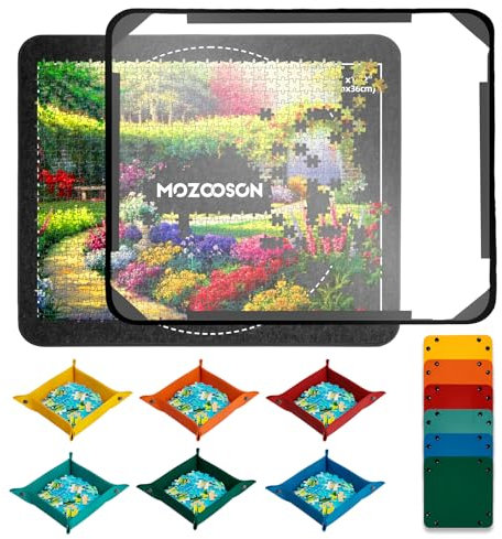 MOZOOSON Jigsaw Board Age 3+ for 500 Pieces Jigsaw Puzzles, Felt Puzzle Board, Ultralight and Easy to Move, 55×45 cm, Includes 6 Puzzle Storing Trays and 1 Clear Cover