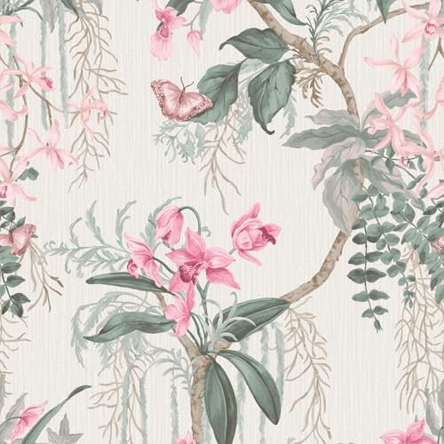 Suki Floral Tropical Lush Textured Wallpaper with Butterflies Perfect for Living Rooms, Bedrooms, Restrooms, Dining Room Wallcoverings Pink/Cream Belgravia 2163