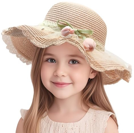FOSDICK 1 Pieza Sombrero Paja Niña, Lindo Flor Sombrero de Paja, Verano Sombreros para El Sol, Sombrero ala Ancha con Encaje Perla, Gorro Playa Niña para Viaje Beach Piscina al Aire Libre
