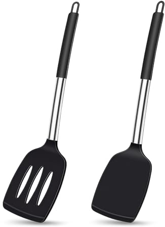 AMFUN 2PCS Heat Resistant Silicone Spatulas, BPA Free, Large Black Spatula Turner, Reusable Silicone Spatula Set, Non Stick Flexible Silicone Spatula Set for Baking, Frying, Flipping Eggs, Pancakes