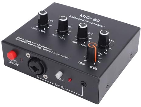 Yanmis Préampli de Microphone équilibré, 10-60 DB Microphones Booster Mic Pre Amplificateur pour Enregistrer Le Streaming en Direct du Studio avec des Sorties D'entrées de 48 V XLR
