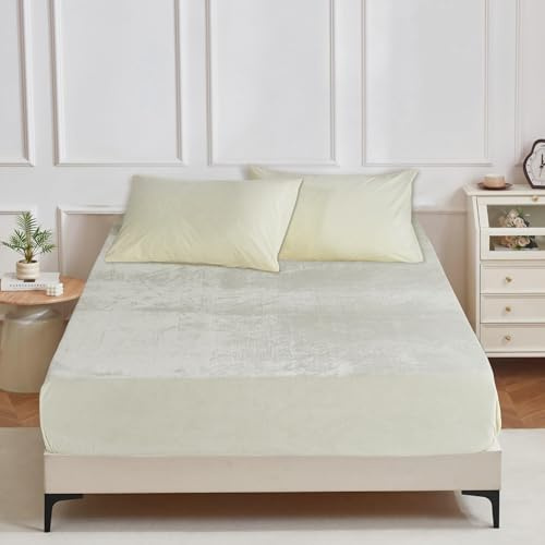 YASMENG Winter Plüsch Spannbettlaken 90x200cm Beige Creme Warm Kuschelig | Fleece Bettlaken 90x200cm Weich Kuschel Samt Flauschige Spannbettlaken Boxspringbett Geeignet für 30cm Matratze