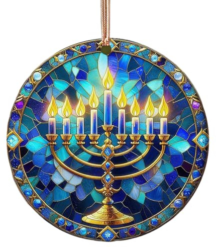 Auroriel Chanukka Ornaments Made of Acrylic in Stained Glass Blue Look, with Menorah Motif, Hanging Chanukka Christmas Decoration, Festive Gift Idea for Jewish Festival o