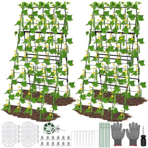 2 Pack Cucumber Trellis for Raised Bed, 17 x 42 Metal A-Frame Trellis Foldable Garden Vegetable Trellis with Plant Support Clips Ties Stakes Gloves for Beans Peas Tomatoes Climbing Plants Outdoor