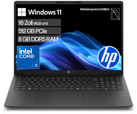 HP OmniBook 3 Laptop, 16 2K IPS, Intel Core 3, 8GB RAM, 512GB SSD | Zuverlässiges Notebook mit großem 2K-Display für Alltag, Office, Streaming mit Windows 11- ohne Ladegerät, QWERTZ, Jet Black