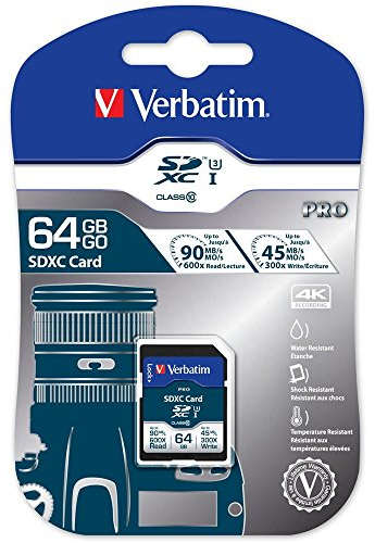 Verbatim Pro U3 SDXC Speicherkarte, 64 GB, SD Karte für 4K-Ultra-HD-Videoaufnahmen, UHS-Geschwindigkeitsklasse 3, Speicherkarte schwarz, SD Speicherkarte für ua. Kamera und PC