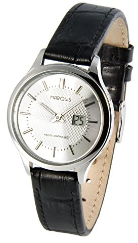 MARQUIS Damen Funkuhr, Schwarzes Lederarmband mit Edelstahlverschluss, Edelstahlgehäuse 964.4014