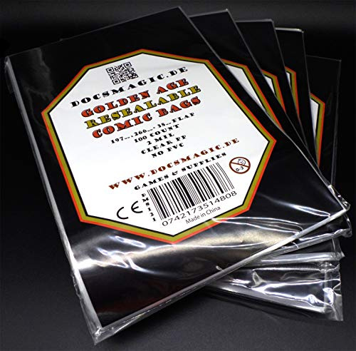 docsmagic.de 5 x 100 Resealable Golden Age Size Comic Bags 197 x 266-2 Mil - Hüllen mit Lasche - Wiederverschließbar