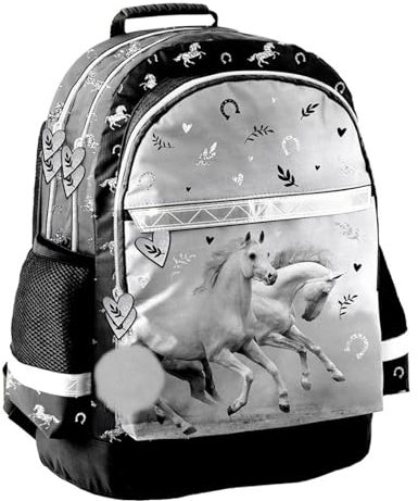 Ragusa-Trade Pferde Fan Rucksack Kinderrucksack für Jungen und Mädchen (24KE) mit Hauptfach und Getränkenetz, 41 x 28 x 18 cm, schwarz/grau
