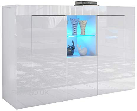 Furneo Matt & High Gloss White Cabinet Cupboard Sideboard Unit Clifton05 Blue LED Light
