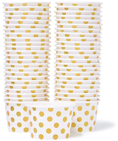 MATICAN Paper Ice Cream Cups - 50-Count 9-Oz Disposable Dessert Bowls with Gold Foil Polka Dots