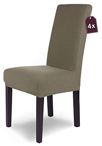 SCHEFFLER-Home Stuhlhussen Stretch Luna/Stuhlhussen 4er Set Taupe/elastische Flanell Stuhlabdeckungen/Stuhlhussen Schwingstühle 4er Set/Hussen Stuhl Überzieher mit Gummiband/Stuhlhussen Samt