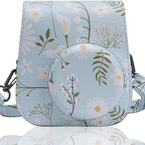 Frankmate Caméra Housse Compatible Fujifilm Instax Mini 12 11 Appareil Photo Instantané - Sac de Caméra en Cuir Voyage Caméra Case Sac avec bandoulière Amovible (chrysanthème)