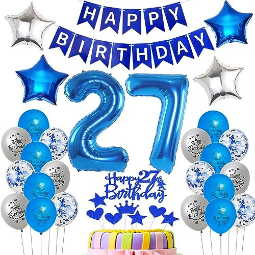 Luftballons 27 Geburtstag Mann deko blau, Geburtstagsdeko 27 Jahre Mann Dekoration, Ballon 27. Geburtstag Männer blau, Deko 27. Geburtstag Luftballons,Tortendeko 27. Geburtstag Mann kuchen deko