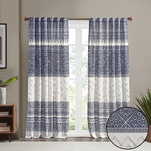 Ink+IVY Mila Einzel-Flächenvorhang aus 100% Baumwolle, getuftet, Chenile, Boho-Design, Stangentasche, Vorhang für Wohnzimmer, Sichtfenster, Schlafzimmer, Wohnungen, 127 x 213,4 cm, Marineblau/Weiß