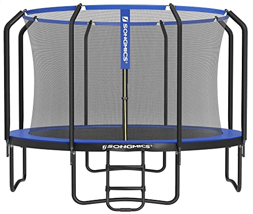 SONGMICS Trampolin 366 cm d, Gartentrampolin für Kinder mit Sicherheitsnetz, 180 cm hohe Stangen, Randabdeckung, Leiter, Stahlrahmen, schwarz-blau STR123Q01