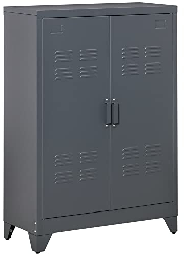 HOMCOM Armario de Almacenamiento Aparador de Metal con Doble Puerta Cierre Magnético y 2 Estantes Ajustables para Oficina Salón Dormitorio 75x33x110 cm Gris