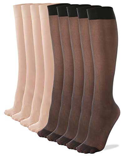 ZIHUA 9 Pairs Pop Socks Women Knee High with Reinforced Toes, Nylon Sheer Stockings for Women(Free Size, Black +Nude)
