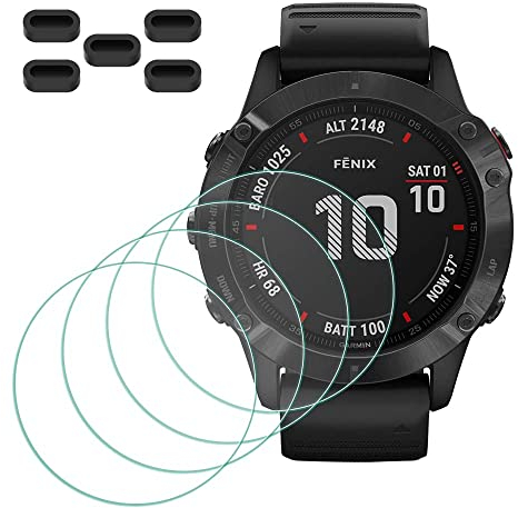 MTHGH Protection Écran pour Garmin Fenix 6X Pro Solar Verre Trempé [4 Pièces] + Bouchons Anti-Poussière [5 Pièces] - Protecteur d'Écran Dureté 9H Anti-Rayures Sans Bulles Ultra Mince