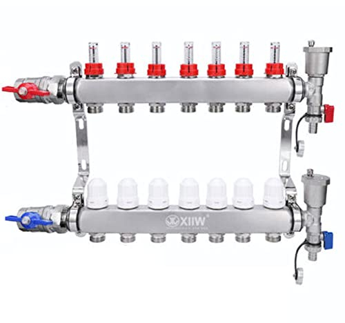 7 Heizkreise | Heizkreisverteiler inkl. 1 Kugelhähne | Fußbodenheizung mit Manueller Entlüfter, Flussmesser Durchflussmesser | Anschlüsse für Eurokonus 3/4 | 30 x 1,5 mm | HKV Verteiler