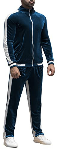 RPOVIG Velours-Trainingsanzug Sweatsuit Samt: Herren-Jogging-Trainingsanzug, 2-teiliges Set, Reißverschluss, Sweatshirts, Jacke, Hose mit Taschen, Blau, Large